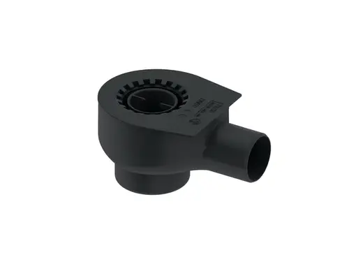 Schwarzes Abflussstück von TECE mit seitlichem Auslauf, geeignet für die Ableitung von Wasser, mit einem rationellen Design für effektive Entwässerung.